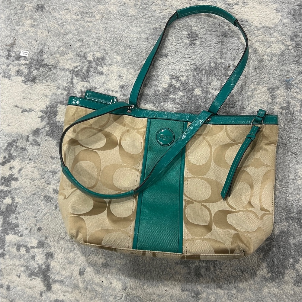 Coach Signature Canvas Tote Bag - Teal Trim